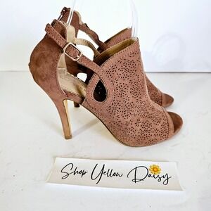 Lauren Conrad Caramel Mauve Fabric Peep Toe Cut Out Booties Heels Sz 8   Sh413.2